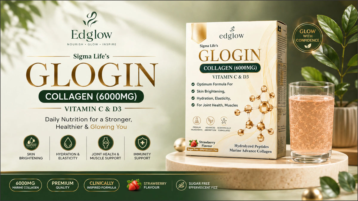 Edglow Glogin marine collagen box and sachet - collagen benefits for skin, hair and joints