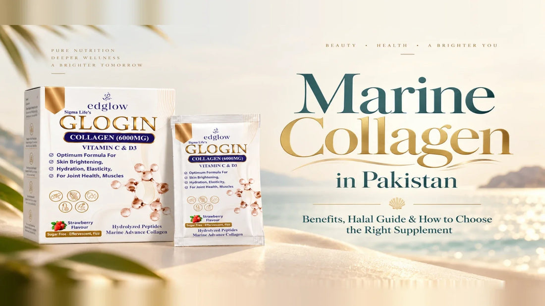 Edglow GLOGIN marine collagen 6000mg box and sachet on a beach beside the words Marine Collagen in Pakistan: Benefits, Halal Guide and How to Choose the Right Supplement